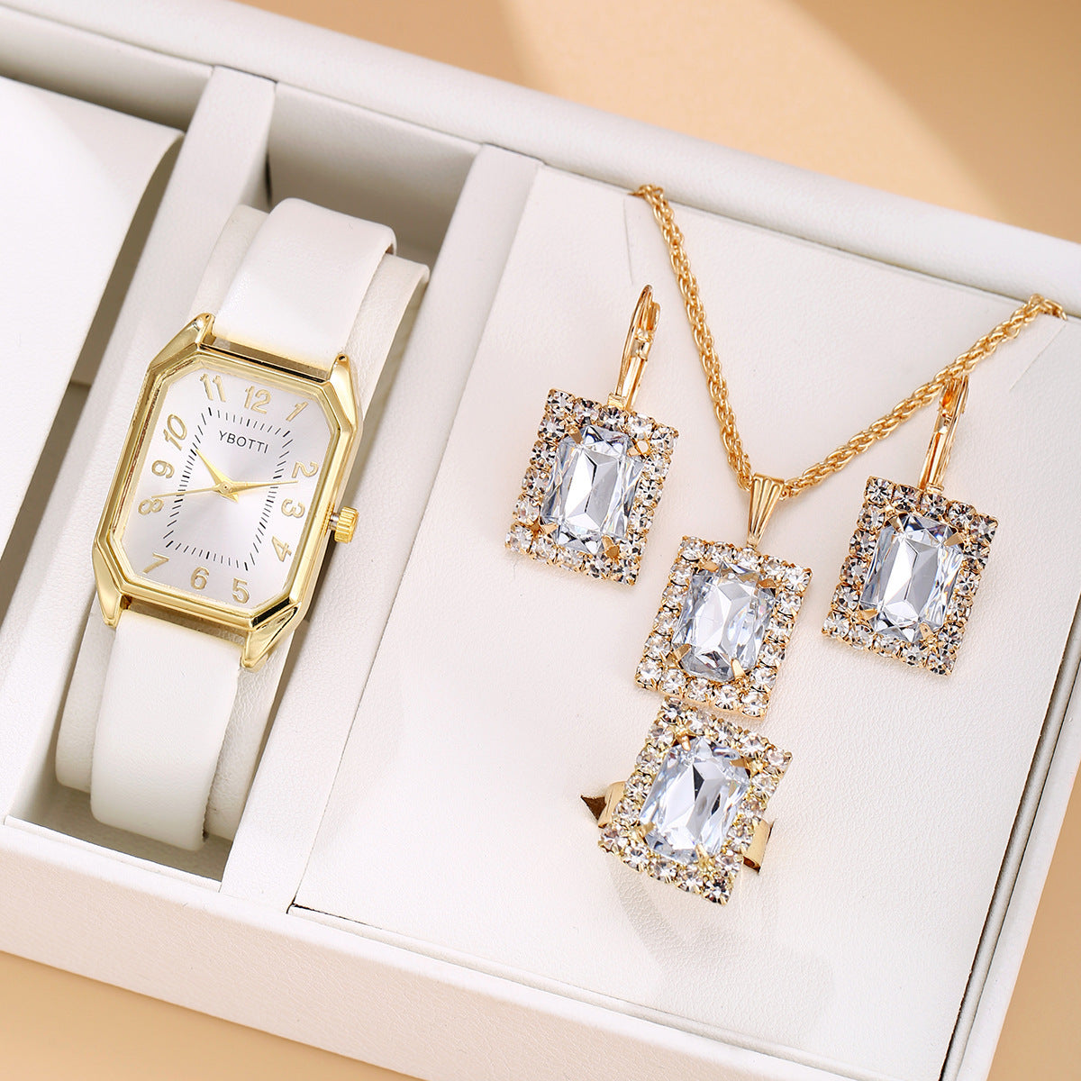 “Luxury Jewelry Set – 4 Pieces Elegant Bracelet, Ring, Necklace & Earrings”